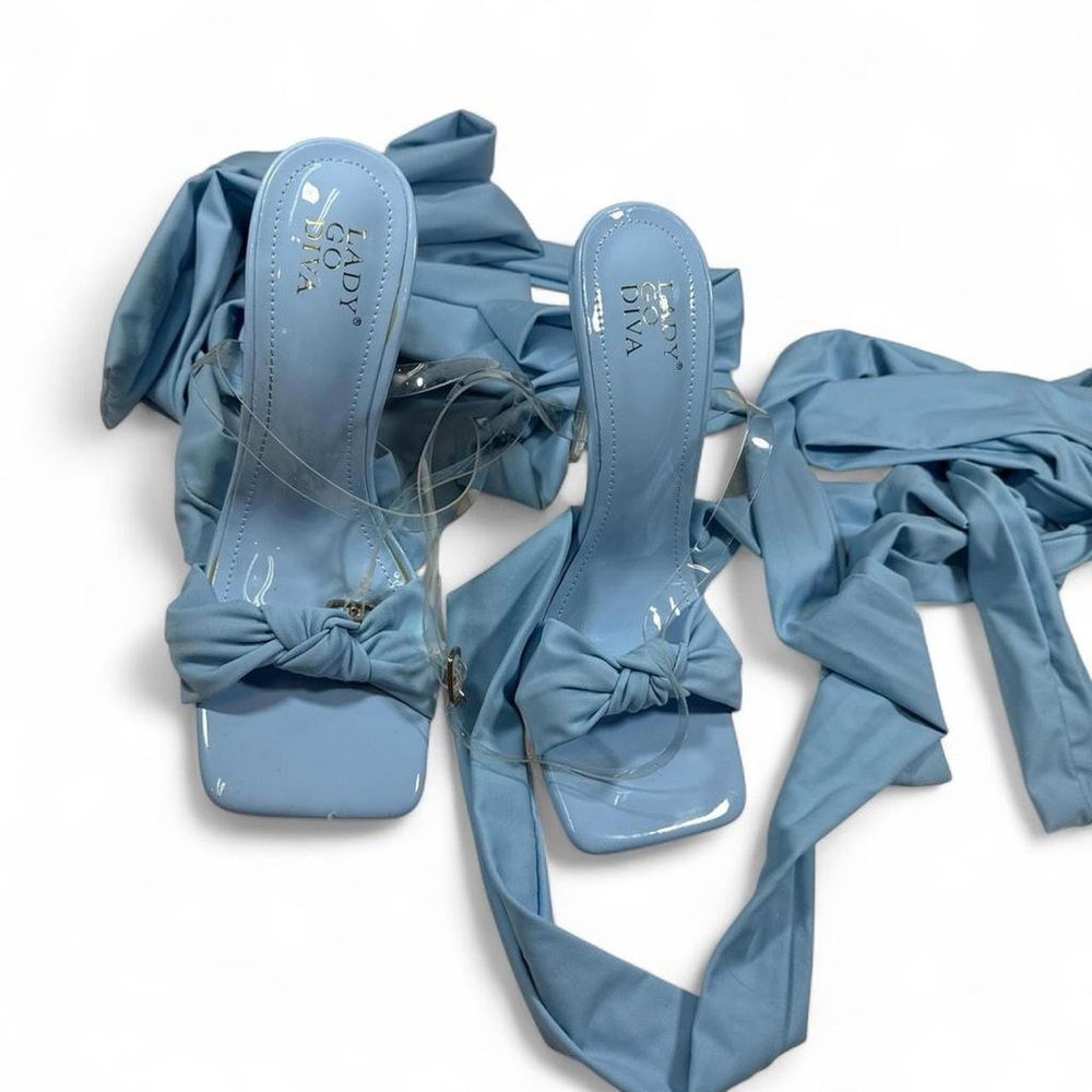 Satin Lace-Up Heels in Powder Blue by
